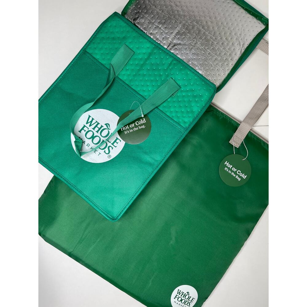 Set of 2! Whole Foods Hot Cold Insulated Cooler Tote Bags, Green Gray White Logo - Picture 2 of 14